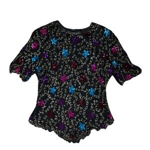 VTG Laurence Kazan Womens Beaded Embroidered Black Floral Top Blouse SZ Sm